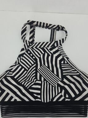 High Neck Black & White Striped Sports Bra